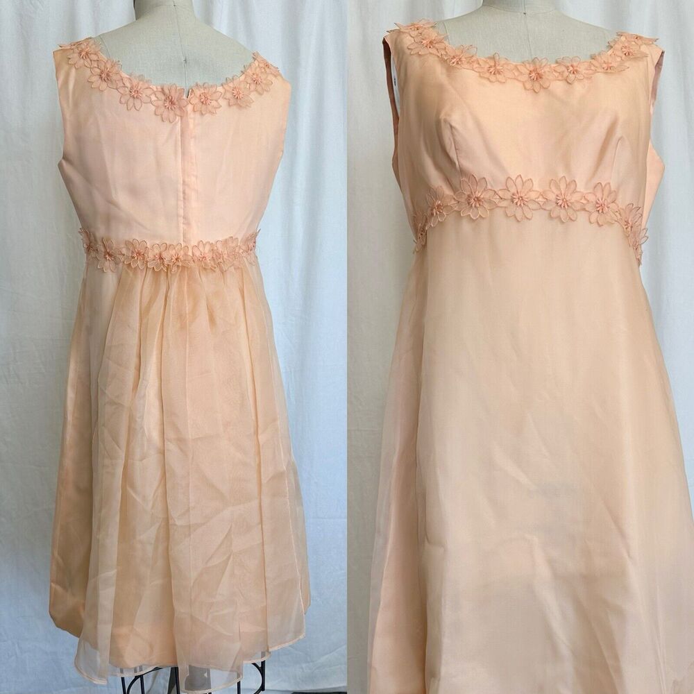 Sylvia Ann Women's 12 Dress Peach Shift Vintage Chiffon Floral Appliqué Dress